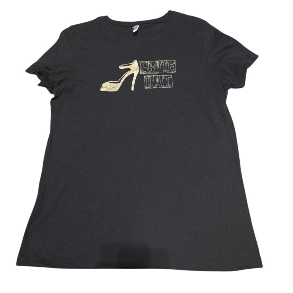 Black T-Shirt with Gold Metallic "Shoe Dat" Design